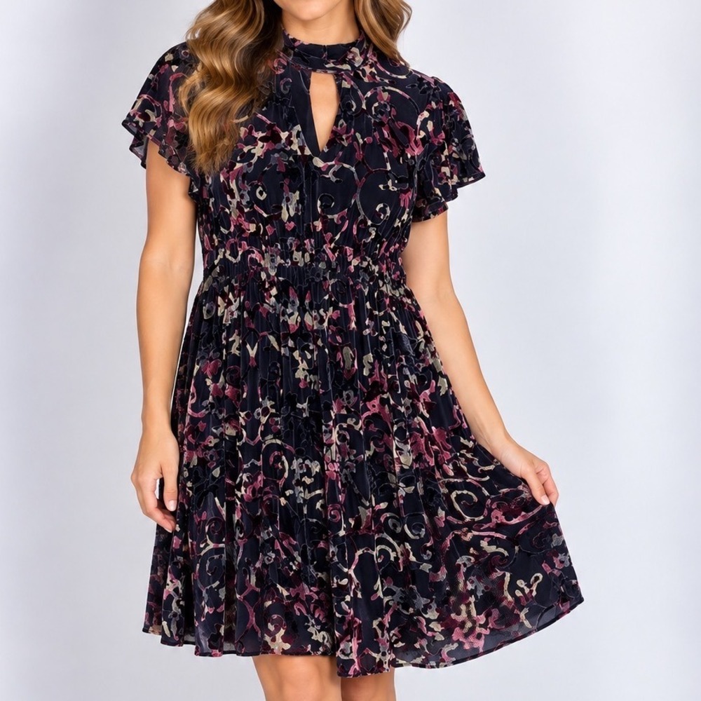 Bongo Small Crushed Velvet Dress Floral Keyhole Flutter Sleeve Whimsigoth